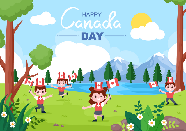 Crianças comemorando o Dia do Canadá  Ilustração