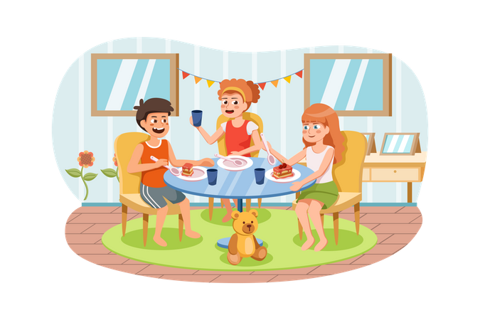 Crianças comendo refeição na pré-escola  Ilustração