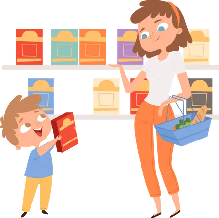Crianças fazendo compras com a mãe  Ilustração