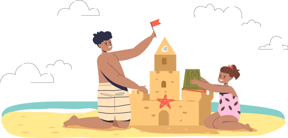 Crianças construindo castelo de areia na praia  Ilustração