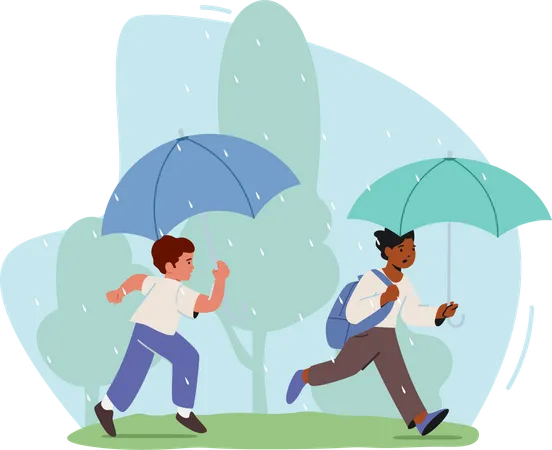 Crianças correndo com guarda-chuva na mão  Ilustração