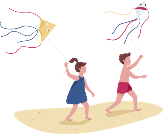Crianças correndo com pipas voadoras  Ilustração