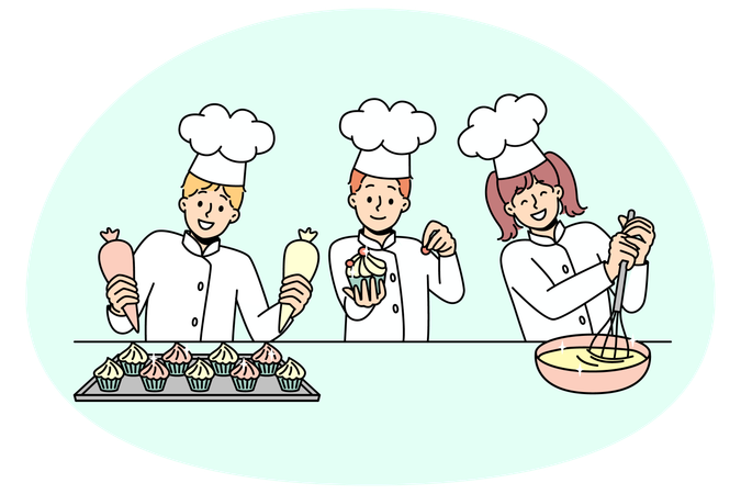 Crianças pequenas cozinhando enquanto se divertem assando juntas  Ilustração
