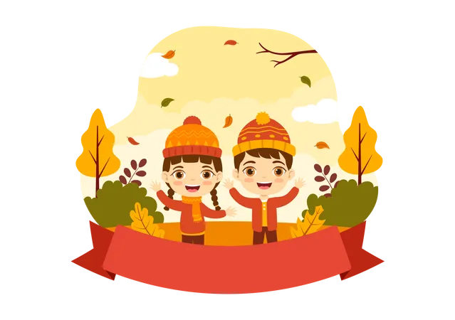Crianças aproveitando a temporada de outono  Ilustração