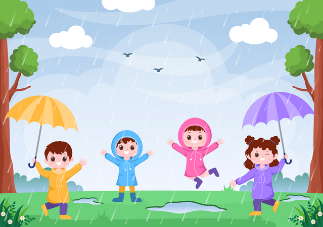 Crianças aproveitando a chuva  Ilustração