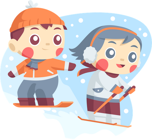 Crianças gostando de esquiar no inverno  Ilustração