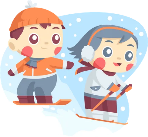 Crianças gostando de esquiar no inverno  Ilustração