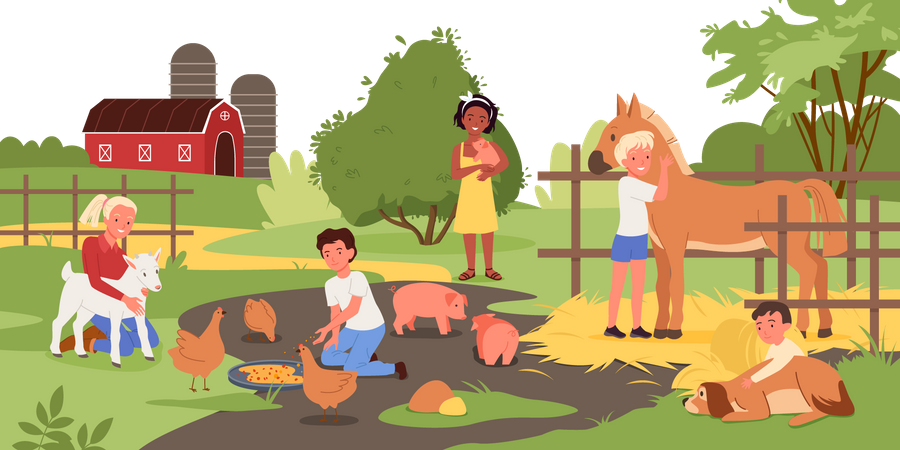 Crianças alimentando comida para animais na fazenda  Ilustração