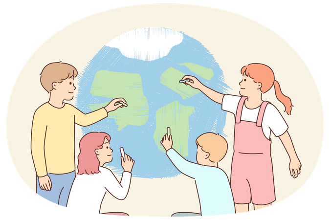 As crianças desenham o planeta juntas, trabalhando em equipe para proteger a natureza e salvar o meio ambiente das mudanças climáticas  Ilustração