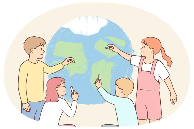 As crianças desenham o planeta juntas, trabalhando em equipe para proteger a natureza e salvar o meio ambiente das mudanças climáticas  Ilustração