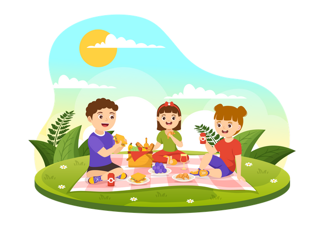 Crianças desfrutando de comida ao ar livre  Ilustração