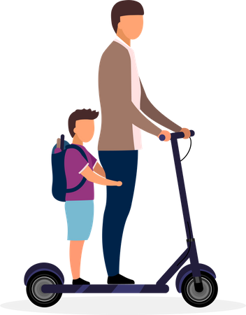 Alunos andando de scooter juntos  Ilustração