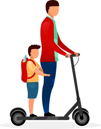 Alunos andando de scooter juntos  Ilustração