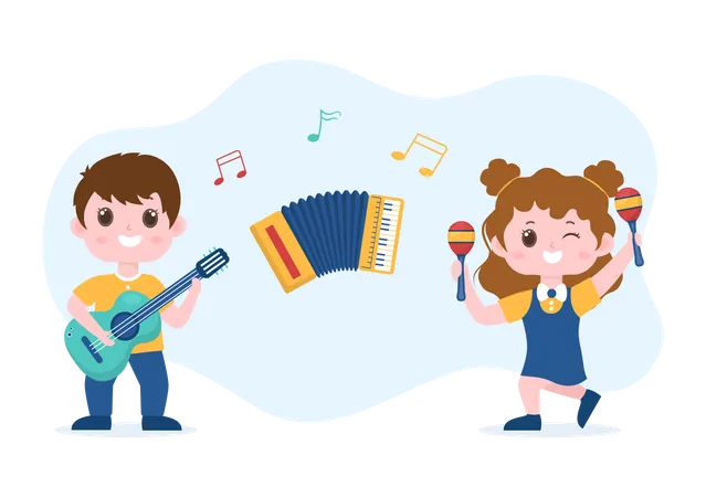 Crianças em idade escolar aprendendo música  Ilustração