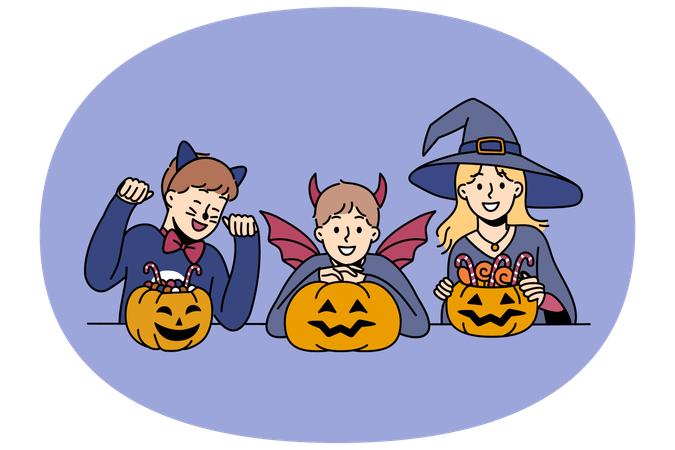 Crianças em trajes de Halloween seguram abóboras com guloseimas  Ilustração