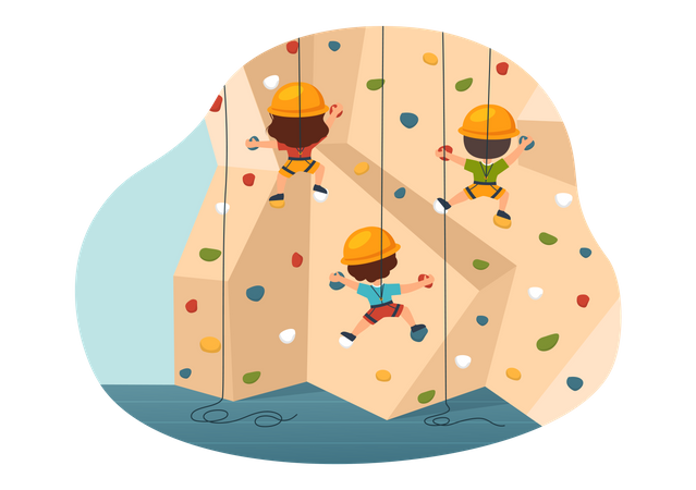 Crianças escalando montanha artificial em penhasco  Ilustração