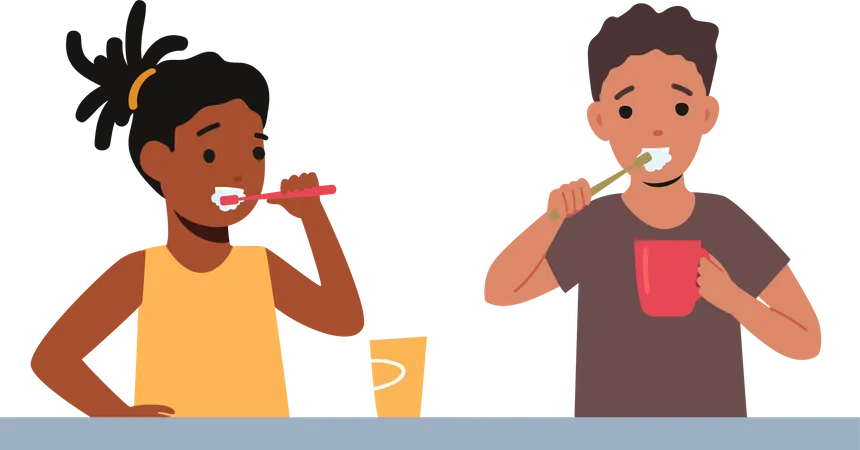 Crianças escovando os dentes  Ilustração