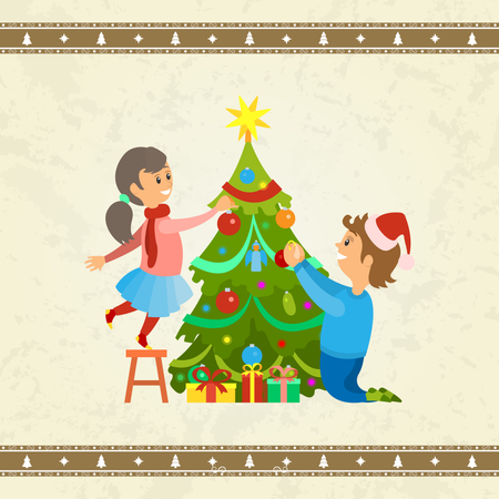 As crianças estão decorando a árvore de Natal  Ilustração