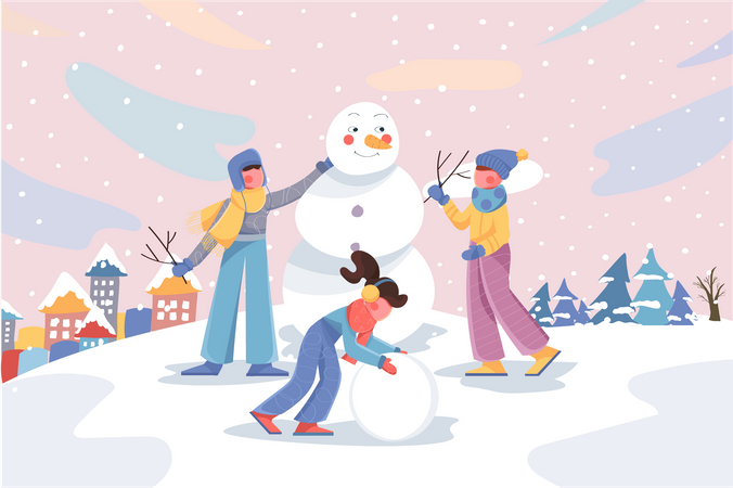 Crianças fazem boneco de neve  Ilustração