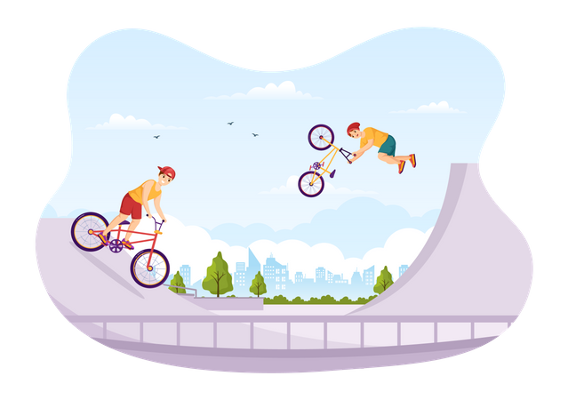 Crianças fazendo acrobacias usando bicicleta BMX  Ilustração