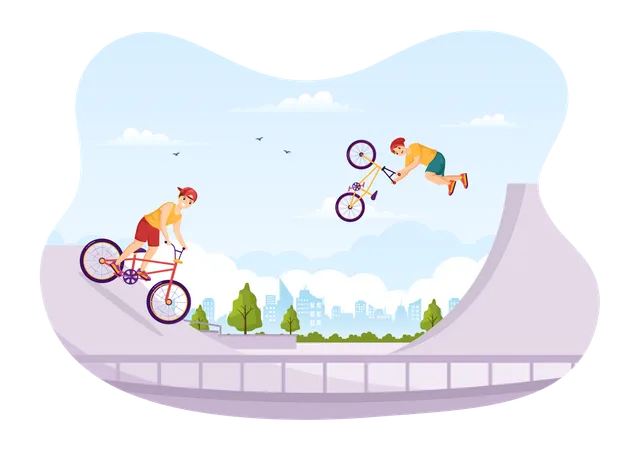 Crianças fazendo acrobacias usando bicicleta BMX  Ilustração