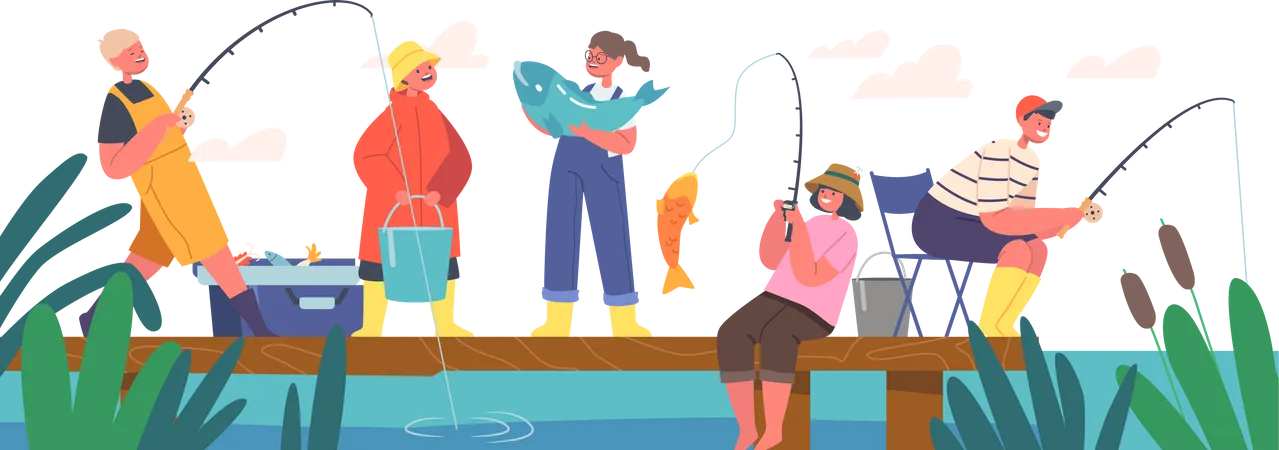 Crianças fazendo atividade de pesca no lago  Ilustração