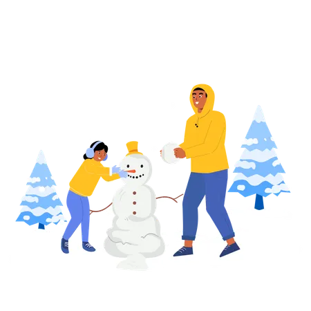 Crianças fazendo boneco de neve  Ilustração