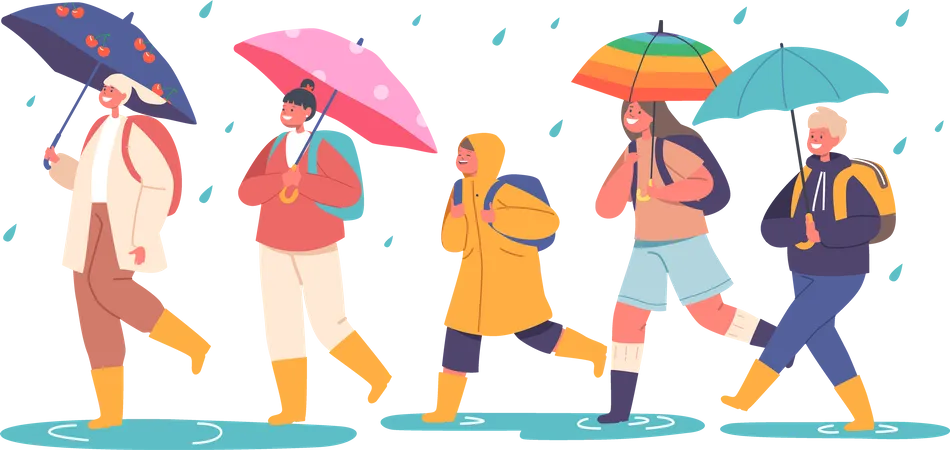 Crianças felizes andam sob o guarda-chuva  Ilustração