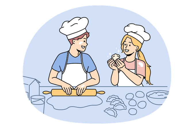 Crianças felizes e animadas, em pé, usando chapéus de chef, cozinhando e assando bolinhos juntos na cozinha  Ilustração