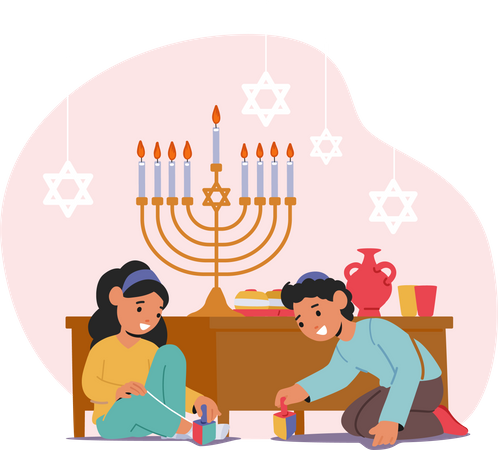 Crianças felizes brincando com piões de madeira para a celebração do feriado de Hanukkah  Ilustração