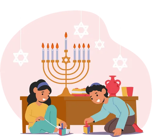 Crianças felizes brincando com piões de madeira para a celebração do feriado de Hanukkah  Ilustração