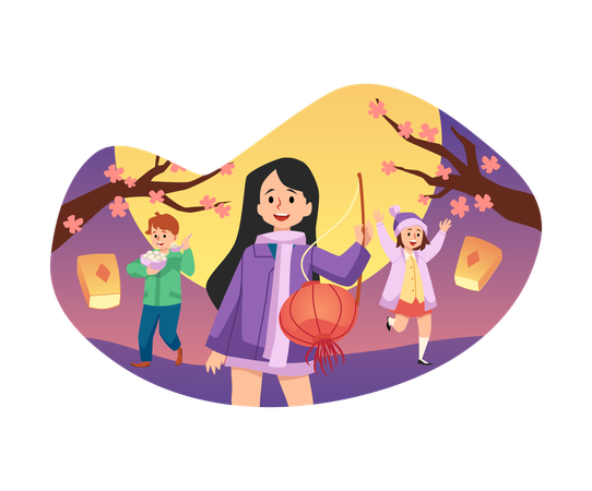 Crianças felizes celebrando o Festival das Lanternas  Ilustração