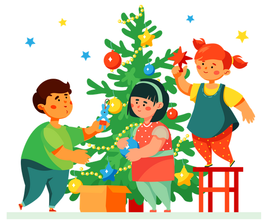 Crianças felizes decorando a árvore de Natal  Ilustração