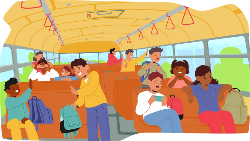 Crianças felizes dentro do ônibus escolar se envolvendo em atividades divertidas durante a viagem  Ilustração