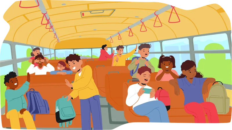 Crianças felizes dentro do ônibus escolar se envolvendo em atividades divertidas durante a viagem  Ilustração