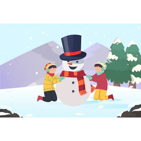 Crianças felizes fazem boneco de neve  Ilustração