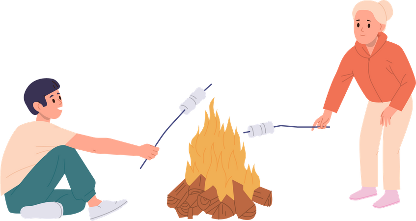 Crianças felizes fritando marshmallows em fogo aberto  Ilustração