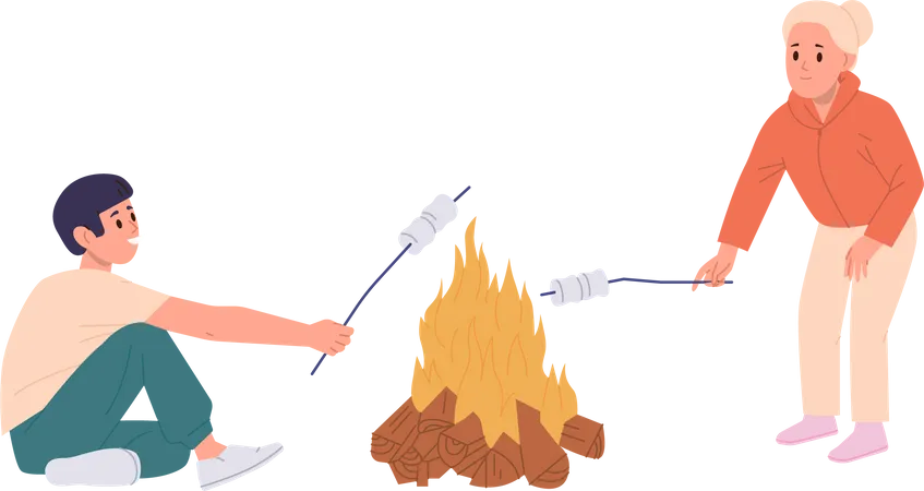 Crianças felizes fritando marshmallows em fogo aberto  Ilustração