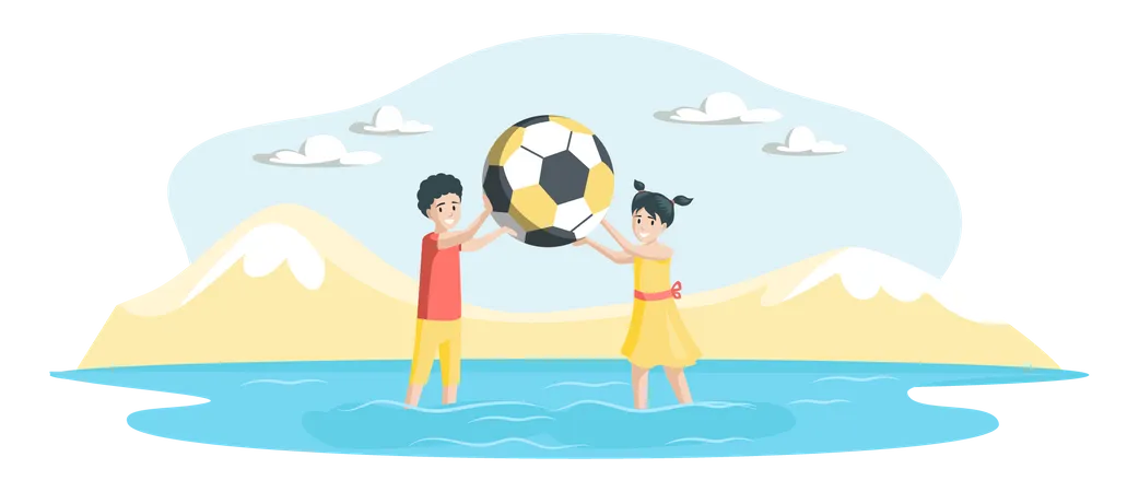 Crianças felizes jogando bola de praia na praia  Ilustração