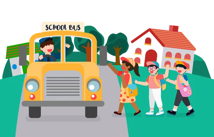 Crianças indo para a escola pegando o ônibus escolar  Ilustração