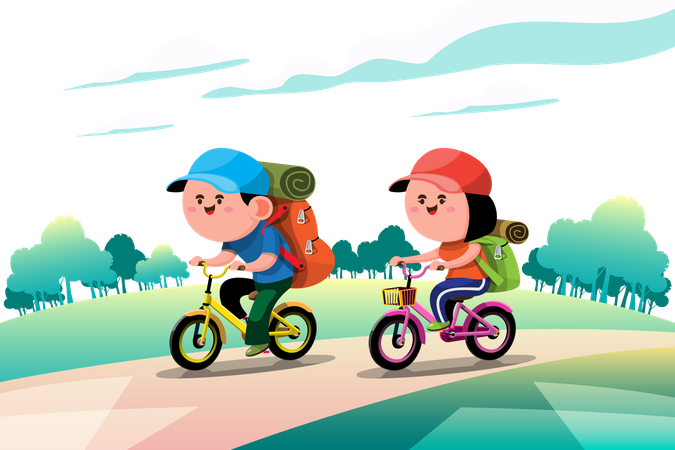 Crianças vão fazer piquenique enquanto andam de bicicleta  Ilustração