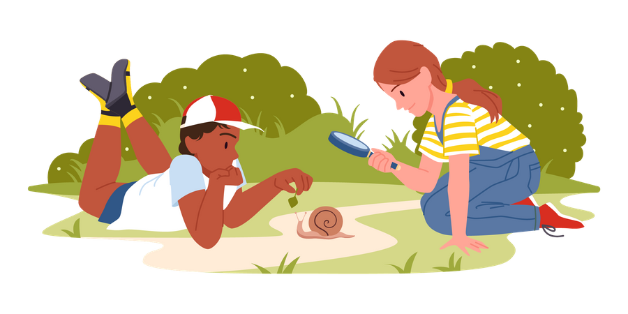 Crianças interagindo com caracol pela primeira vez  Ilustração