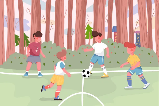 Crianças jogando futebol no fundo do campo  Ilustração
