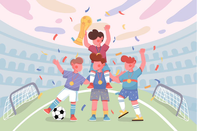 Crianças jogando futebol no estádio  Ilustração