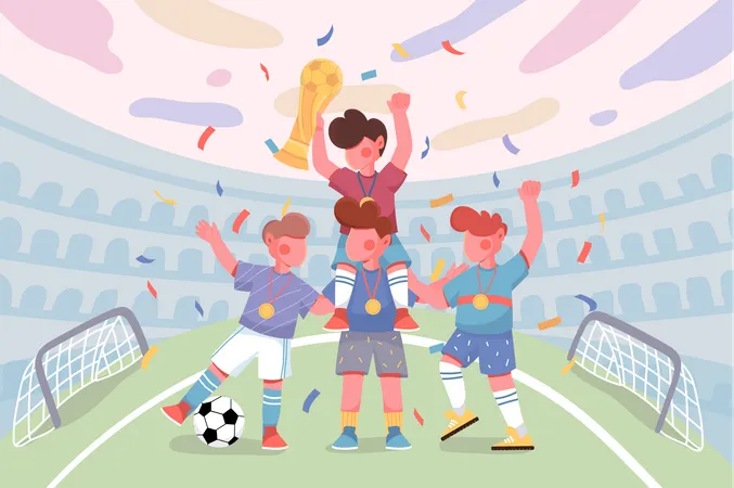 Crianças jogando futebol no estádio  Ilustração