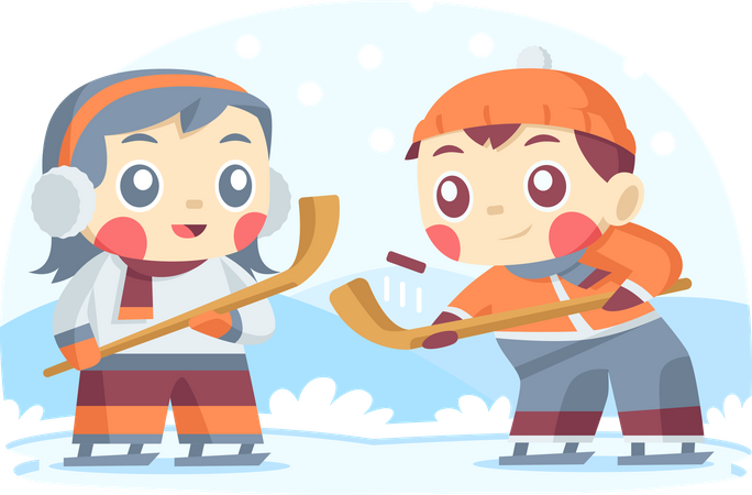 Crianças jogando hóquei no gelo no inverno  Ilustração