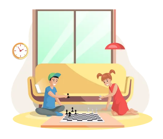 Crianças jogando jogo de tabuleiro juntas. Crianças, meninos e meninas, amigos jogando xadrez, sentados no chão  Ilustração