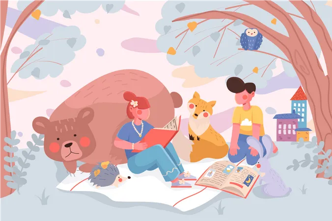 Crianças leem livros ou aprendem livros didáticos com animais fofos no parque  Ilustração