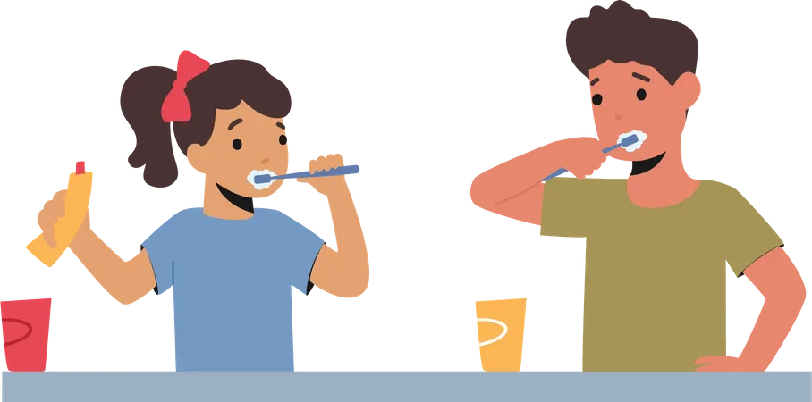 Crianças limpando os dentes  Ilustração