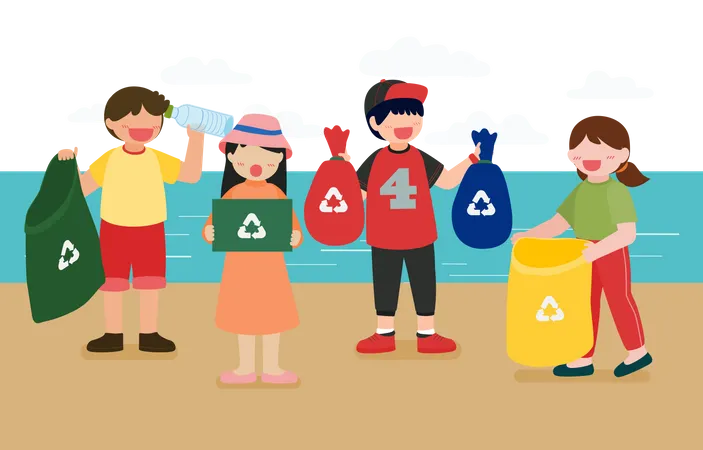 Crianças limpando praia  Ilustração